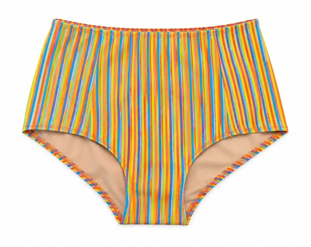 Kortni Jeane High Waist Multi Color Striped Swim Bottoms Bikini Medium NWT